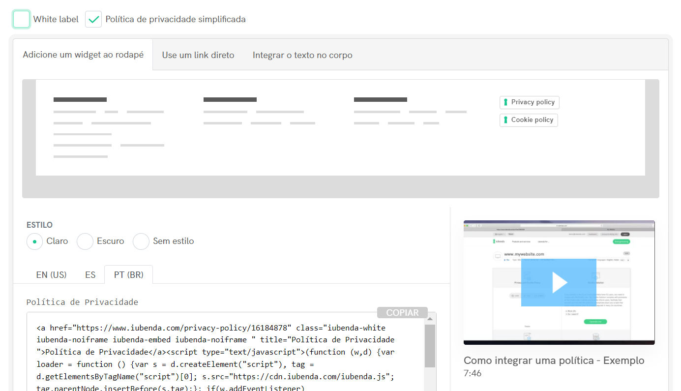 Opções de integração para a Política de Privacidade e Cookies