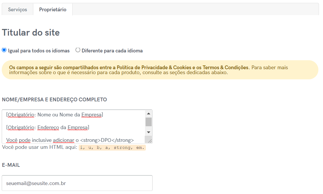 Captura de tela/exemplo do campo do Proprietário