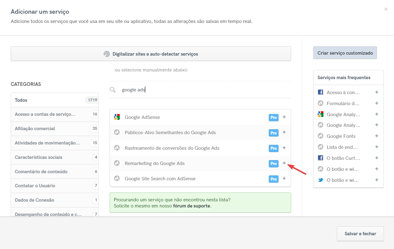 Adicione o serviço 'Remarketing do Google Ads'