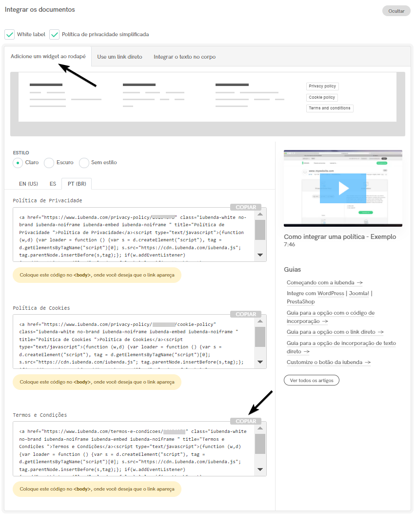 Termos e Condições – Integração padrão