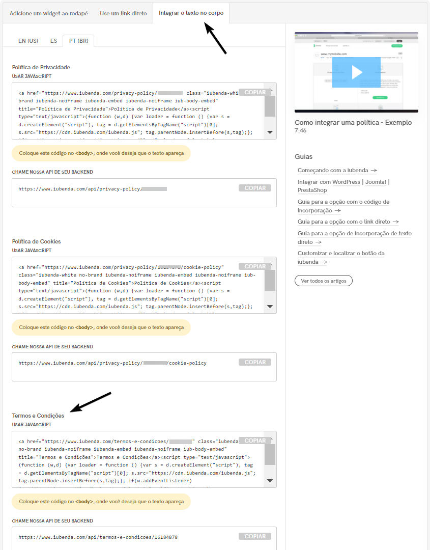 Termos e Condições – Integração de texto direto