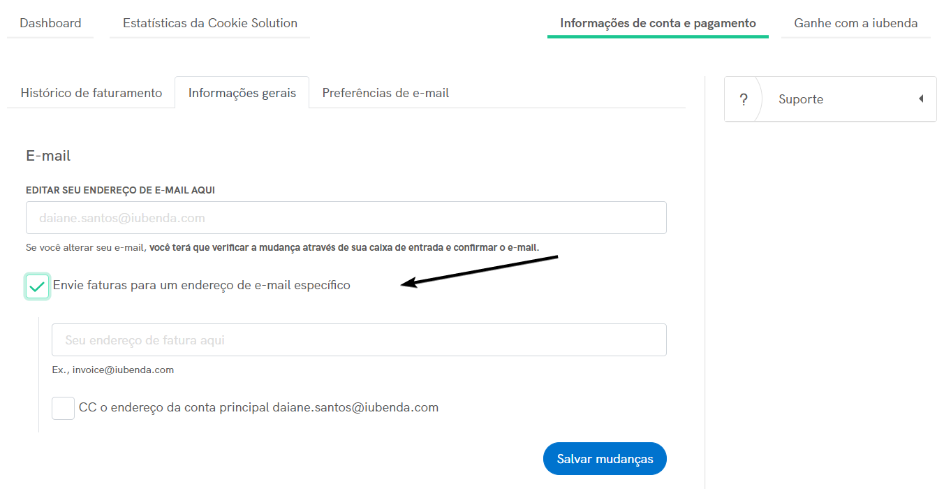 Envie faturas para um endereço de e-mail específico