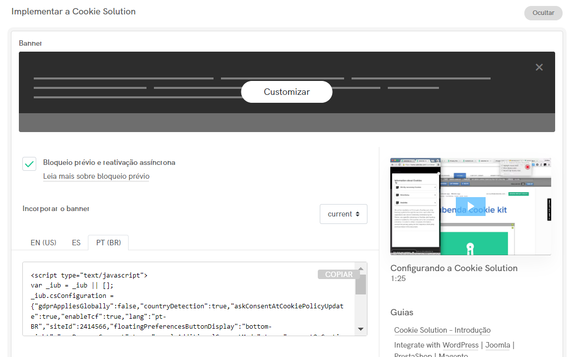 Inserção da Cookie Solution