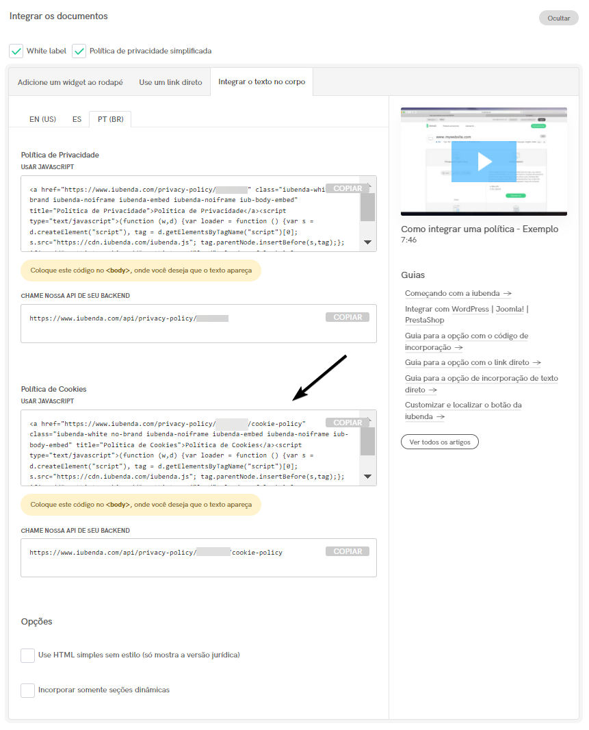 Política de Cookies - incorporação direta de texto