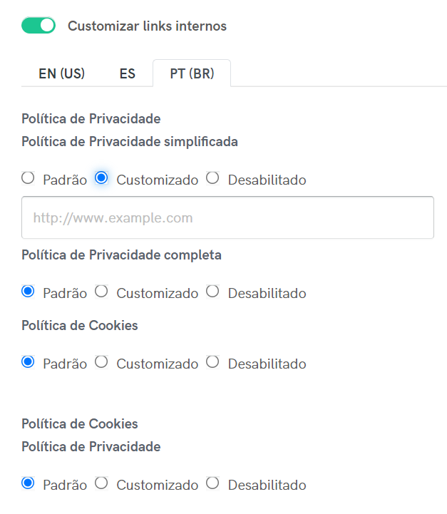 Customizar links internos da Política de Privacidade e Cookies