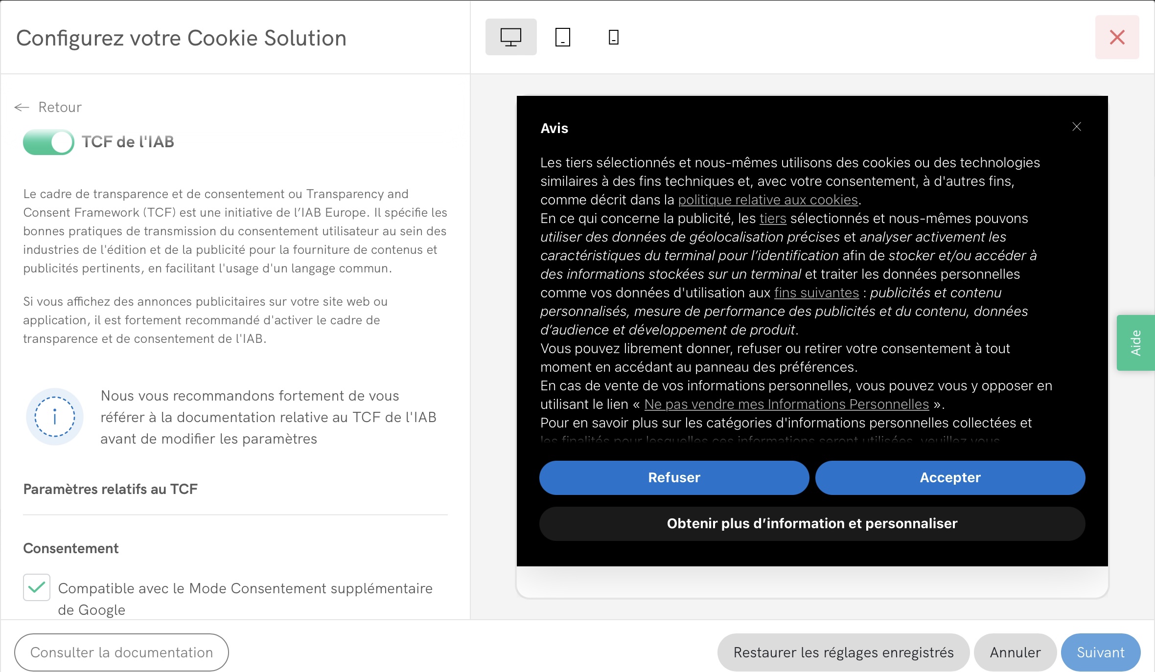 Mode consentement supplémentaire de Google dans le configurateur de la Cookie Solution de iubenda
