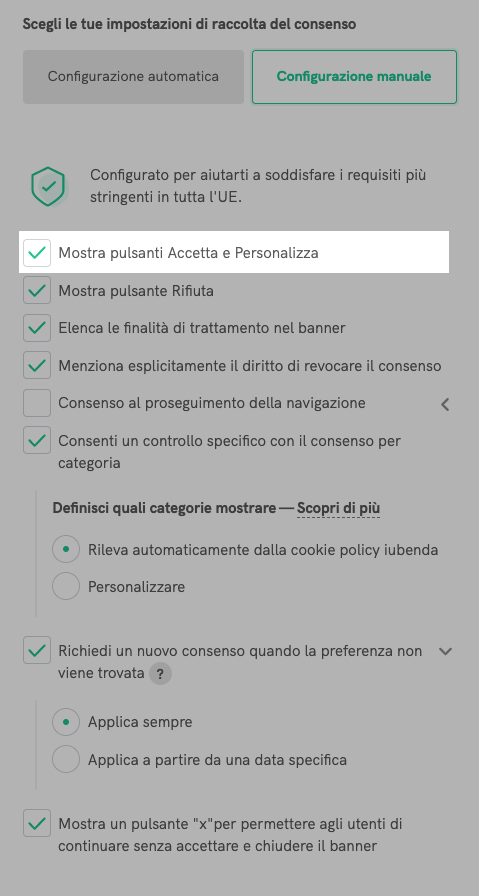 Pulsanti accetta e personalizza