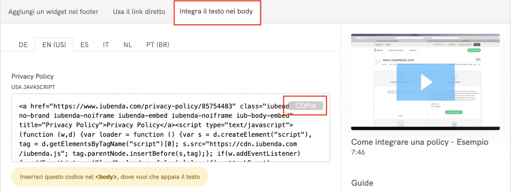 integrazione diretta nel body