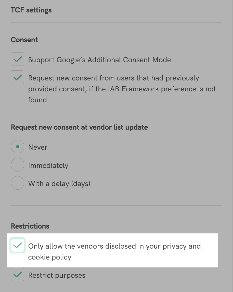 Lassen Sie nur die Anbieter zu, die in Ihrer Datenschutz- und Cookie-Richtlinie aufgeführt sind.