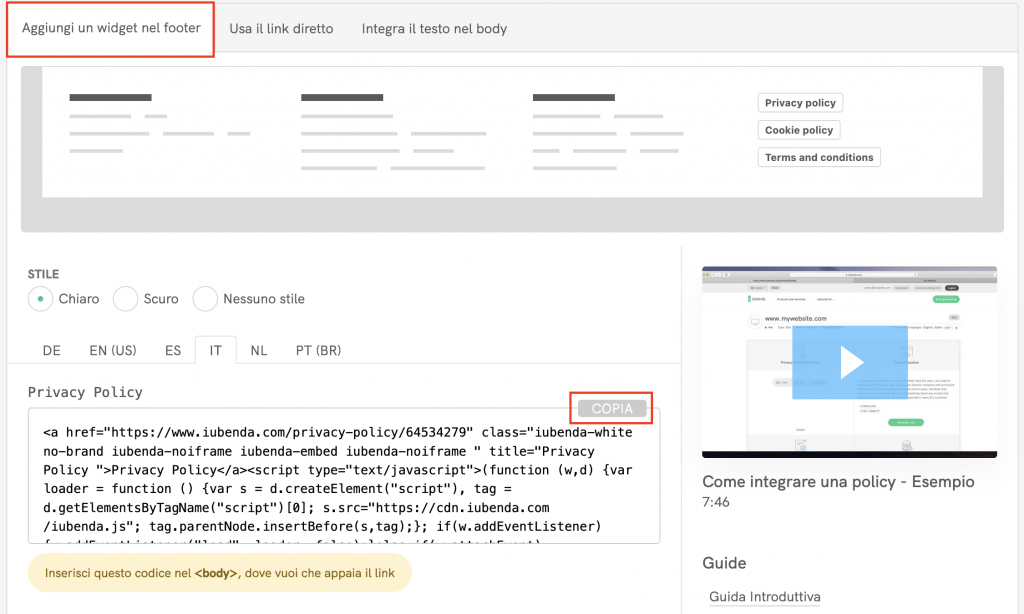 aggiungi widget al footer