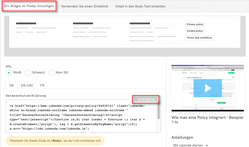 Wie man die Datenschutz- und Cookie-Richtlinie von iubenda in Bigcommerce einfügt