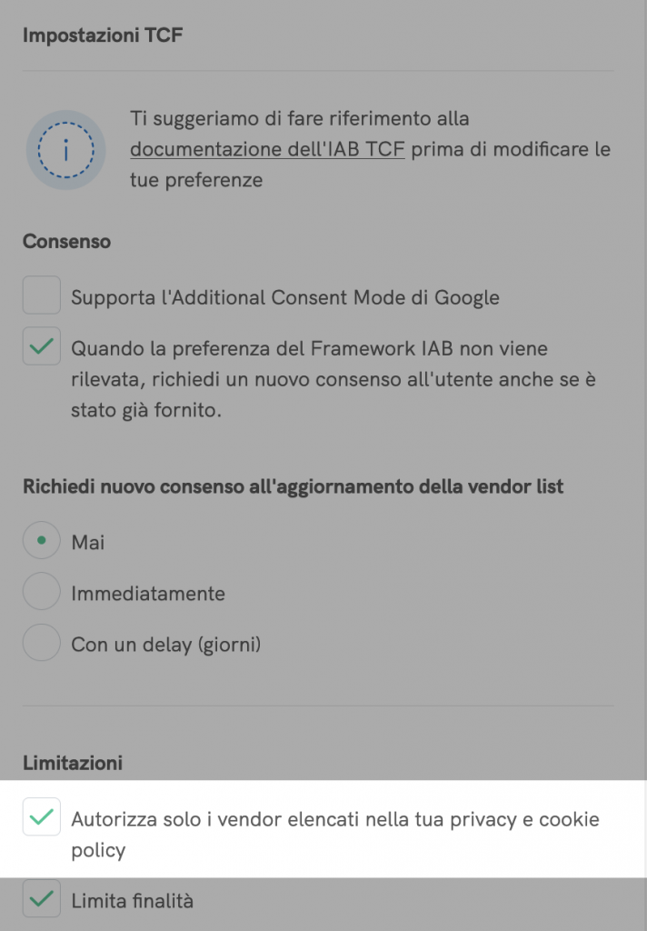 Autorizza solo i vendor elencati nella tua privacy e cookie policy