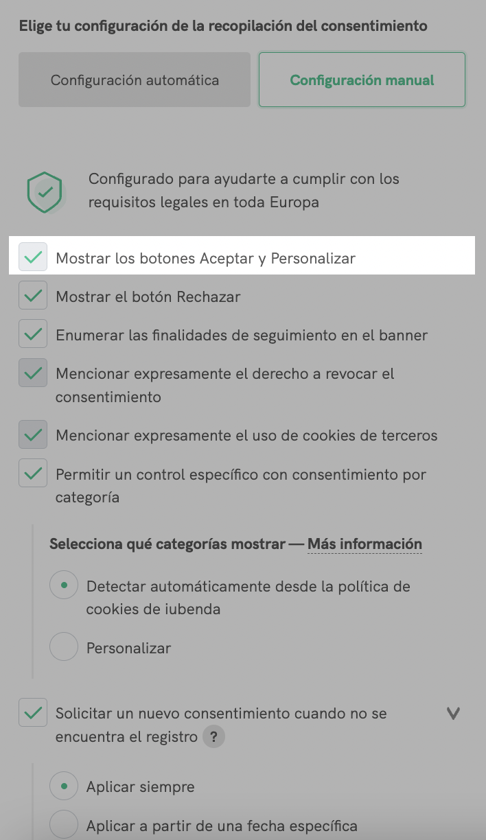 aceptar y personalizar