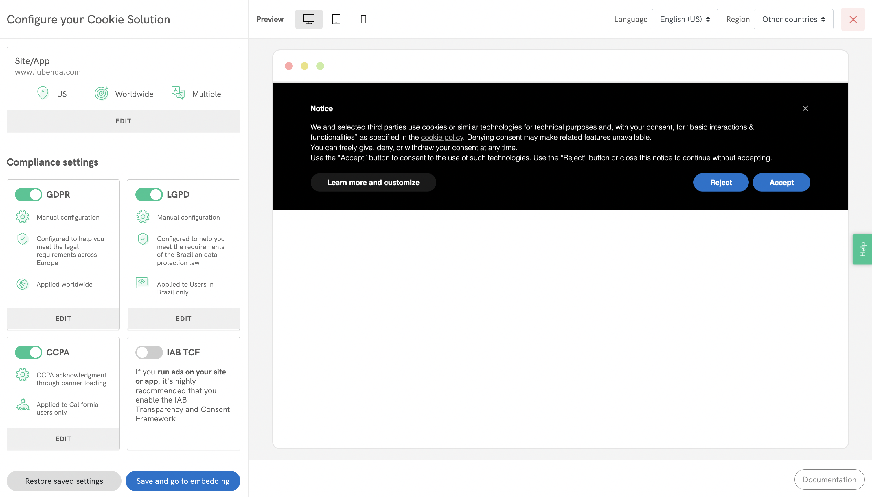 Cookie Solution configurator