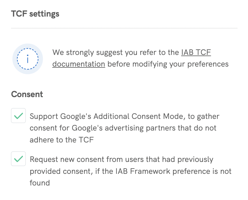 Enable IAB Transparency and Consent Framework v2.0 - Settings