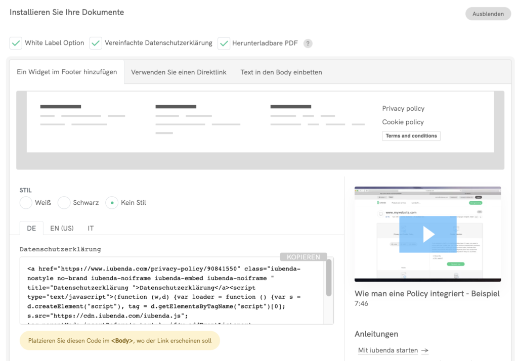 iubenda Datenschutzerklärung - Fügen Sie ein Widget zum Footer hinzu