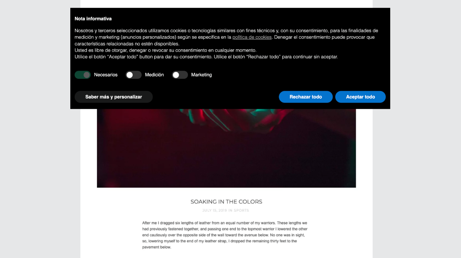 Banner de cookies de iubenda en un sitio web de Webflow