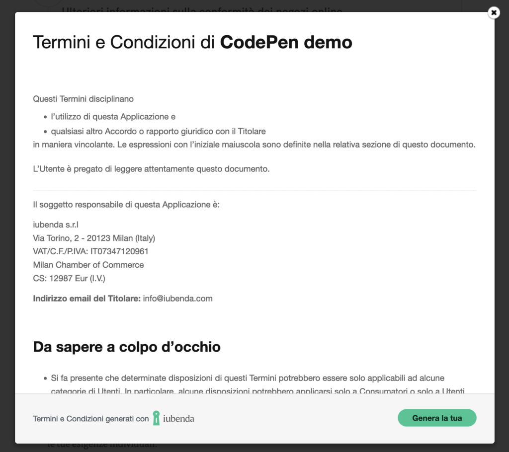 termini e condizioni sito web