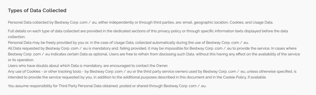 Screenshot of direct text embedding of a Privacy Policy