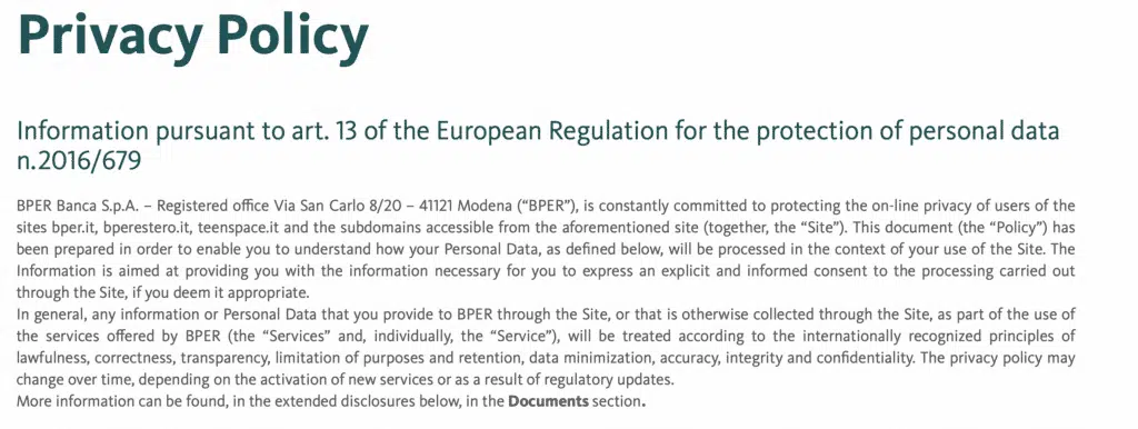 Screenshot of Privacy Policy of BPER banca.