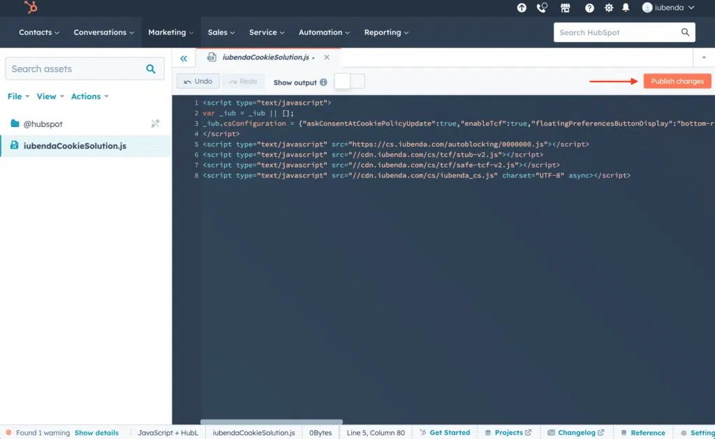 HubSpot code editor with iubenda script pasted and Publish changes button