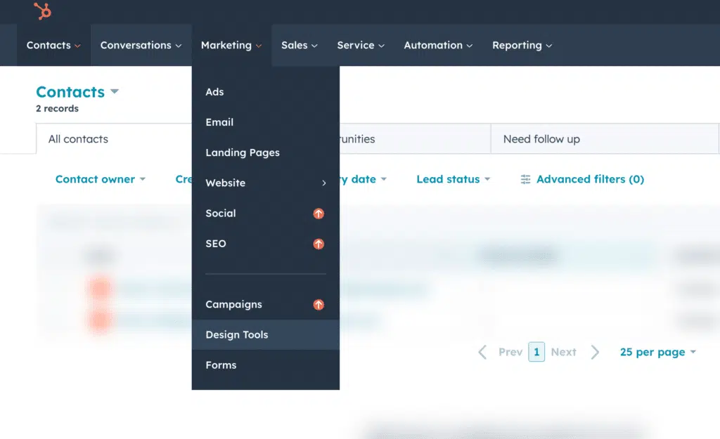 HubSpot Marketing menu showing Design Tools option