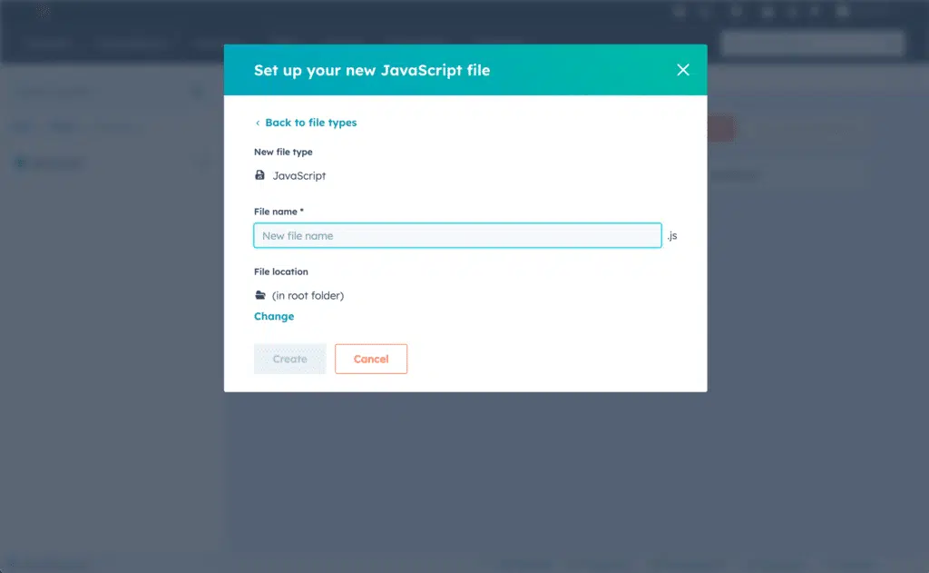 HubSpot new file creation dialog with file name and location fields