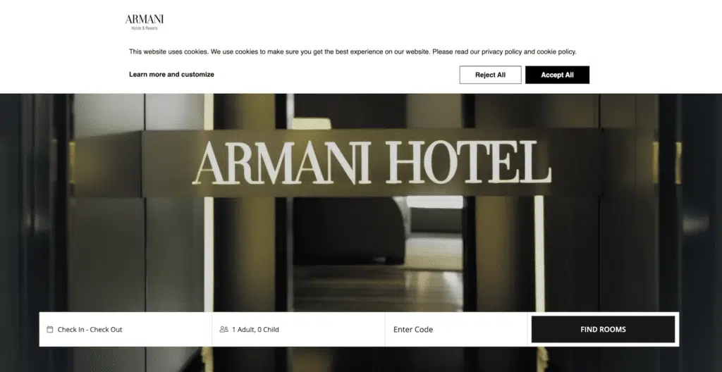 armani hotel cookie popup