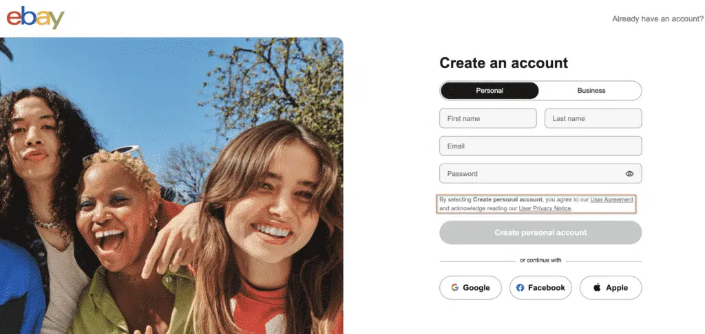 ebay agree to the terms and conditions checkbox