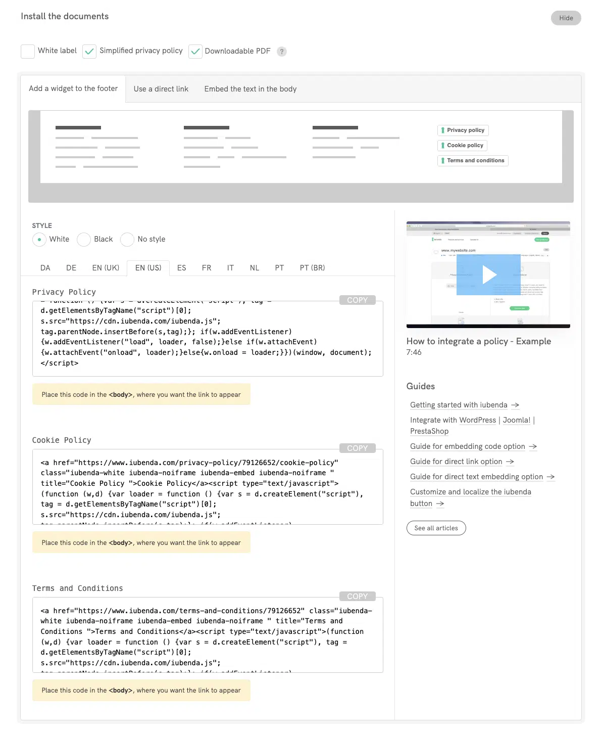 iubenda Legal Documents - Integration options