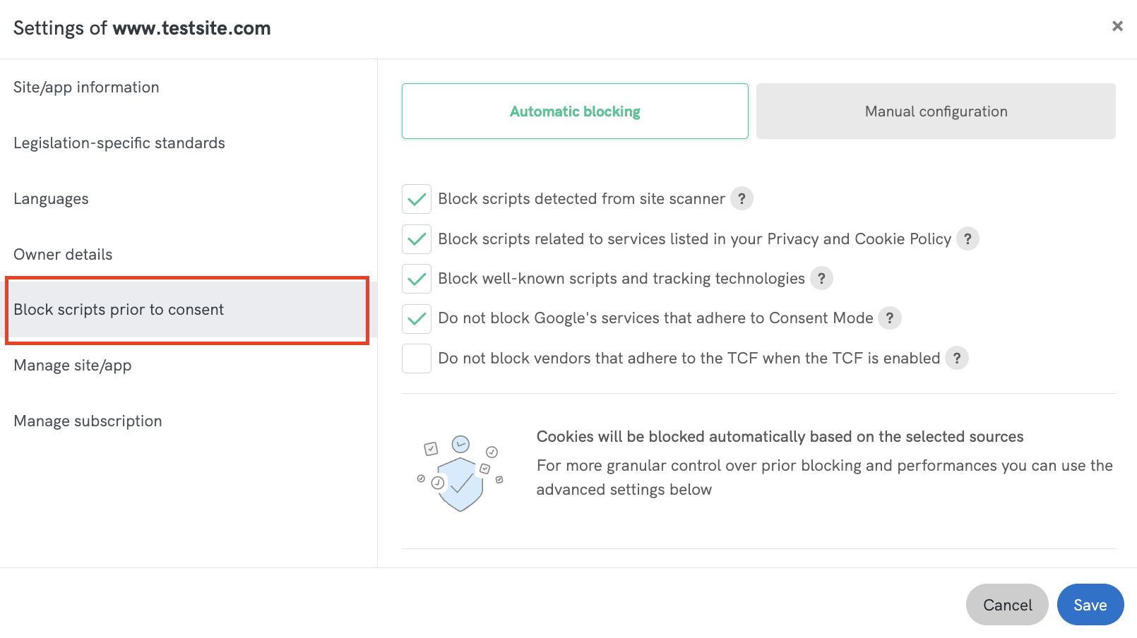 intégration de google chez iubenda bloquer les scripts
