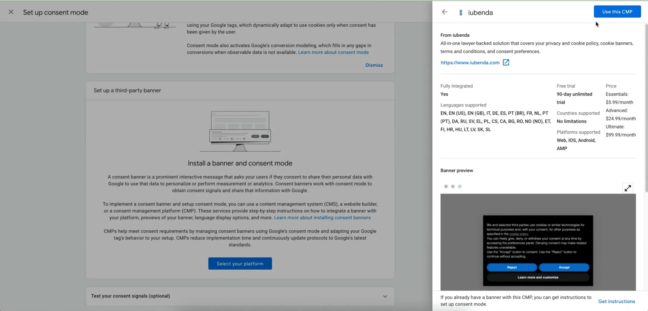 Google CMP-Integration iubenda