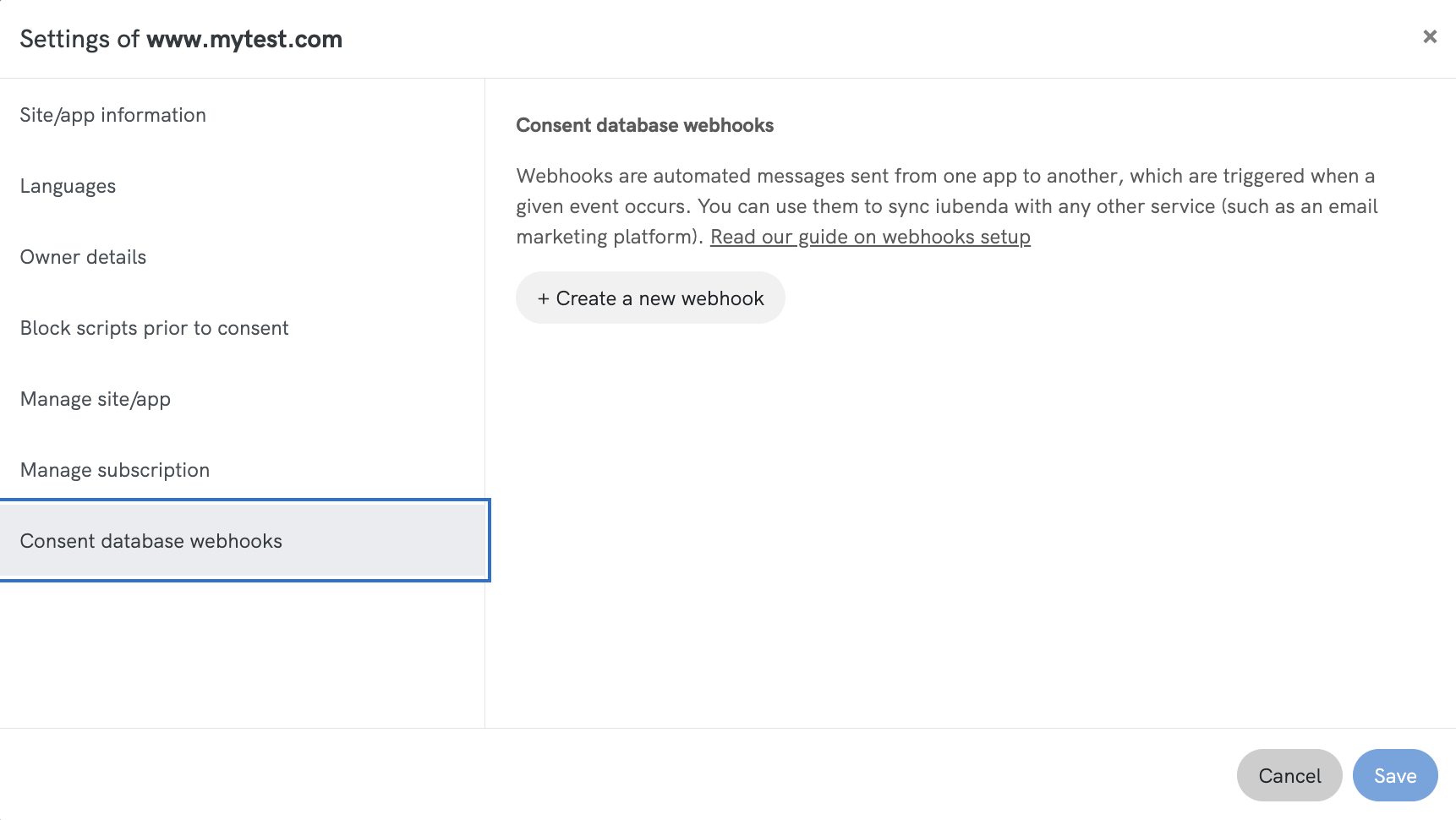 webhooks de la Consent Database de iubenda
