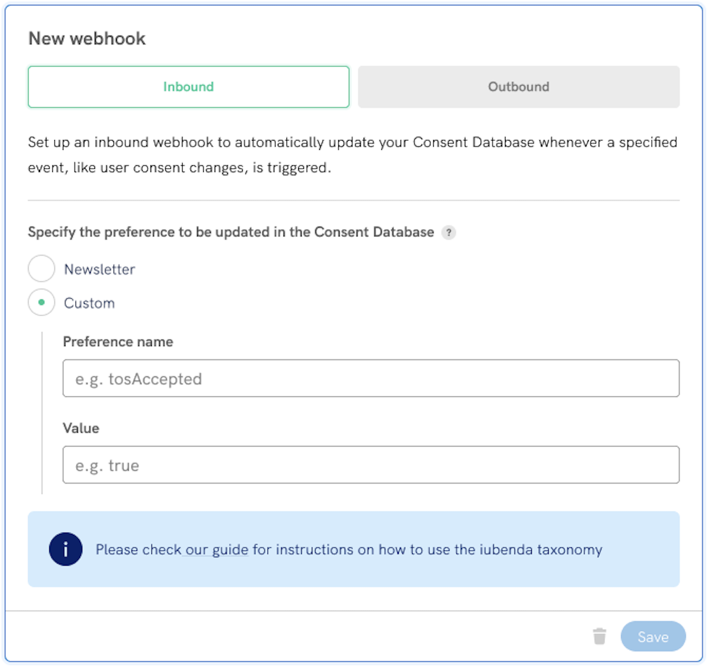 webhooks de la Consent Database de iubenda