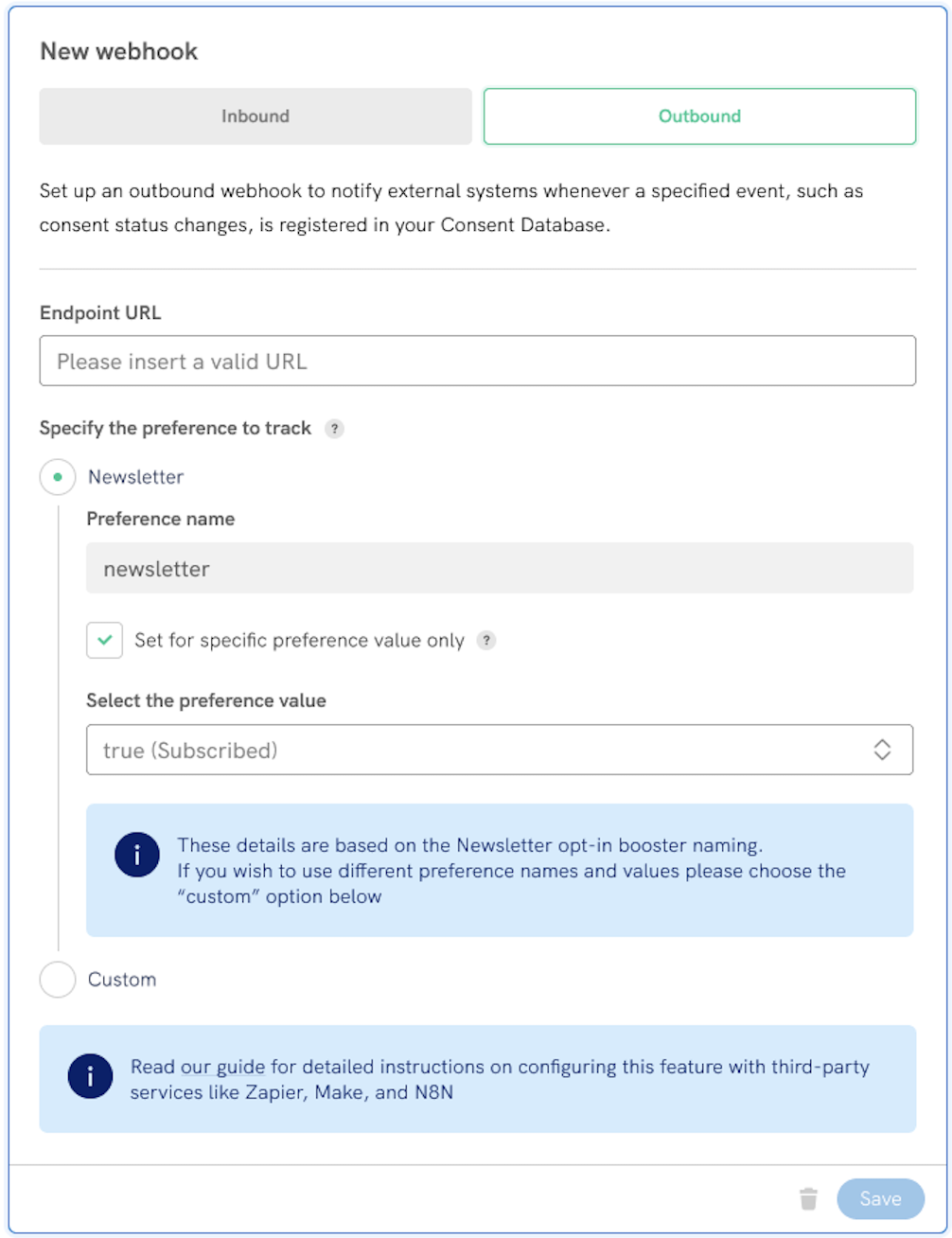 webhooks de la Consent Database de iubenda