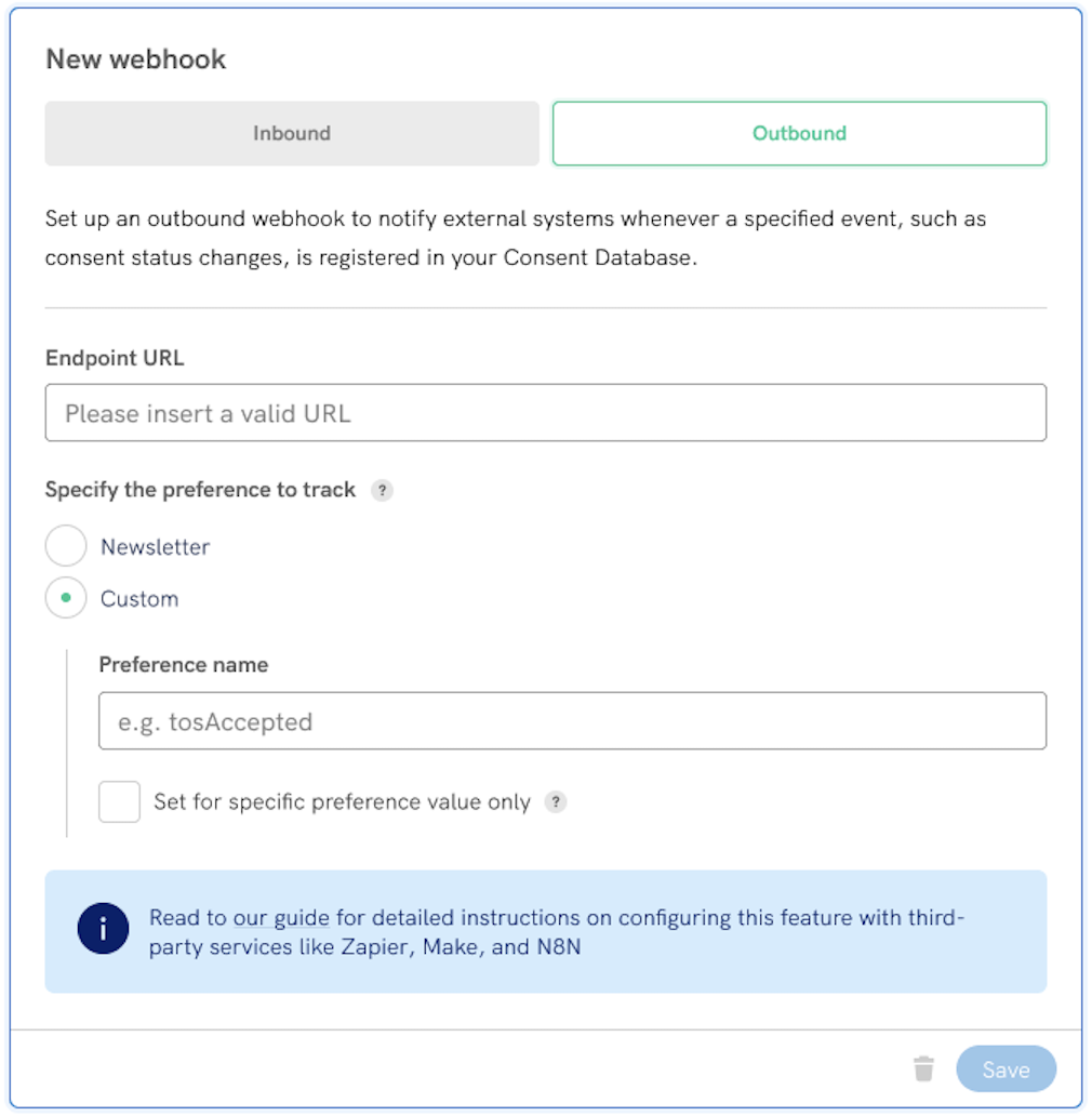 webhooks de la Consent Database de iubenda
