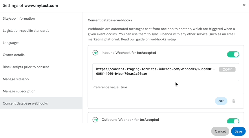 webhooks de la Consent Database de iubenda