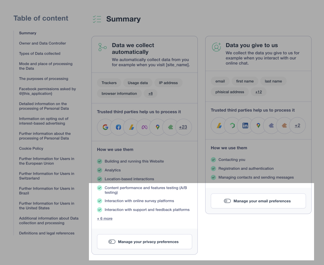 Novos controles de usuário