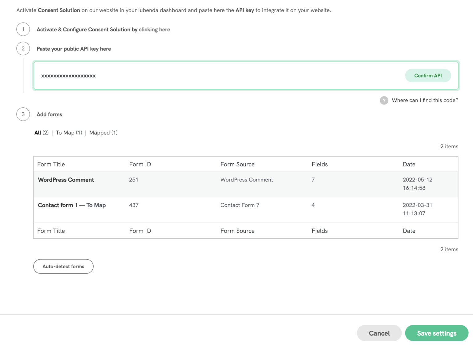 duda iubenda initial setup database api key