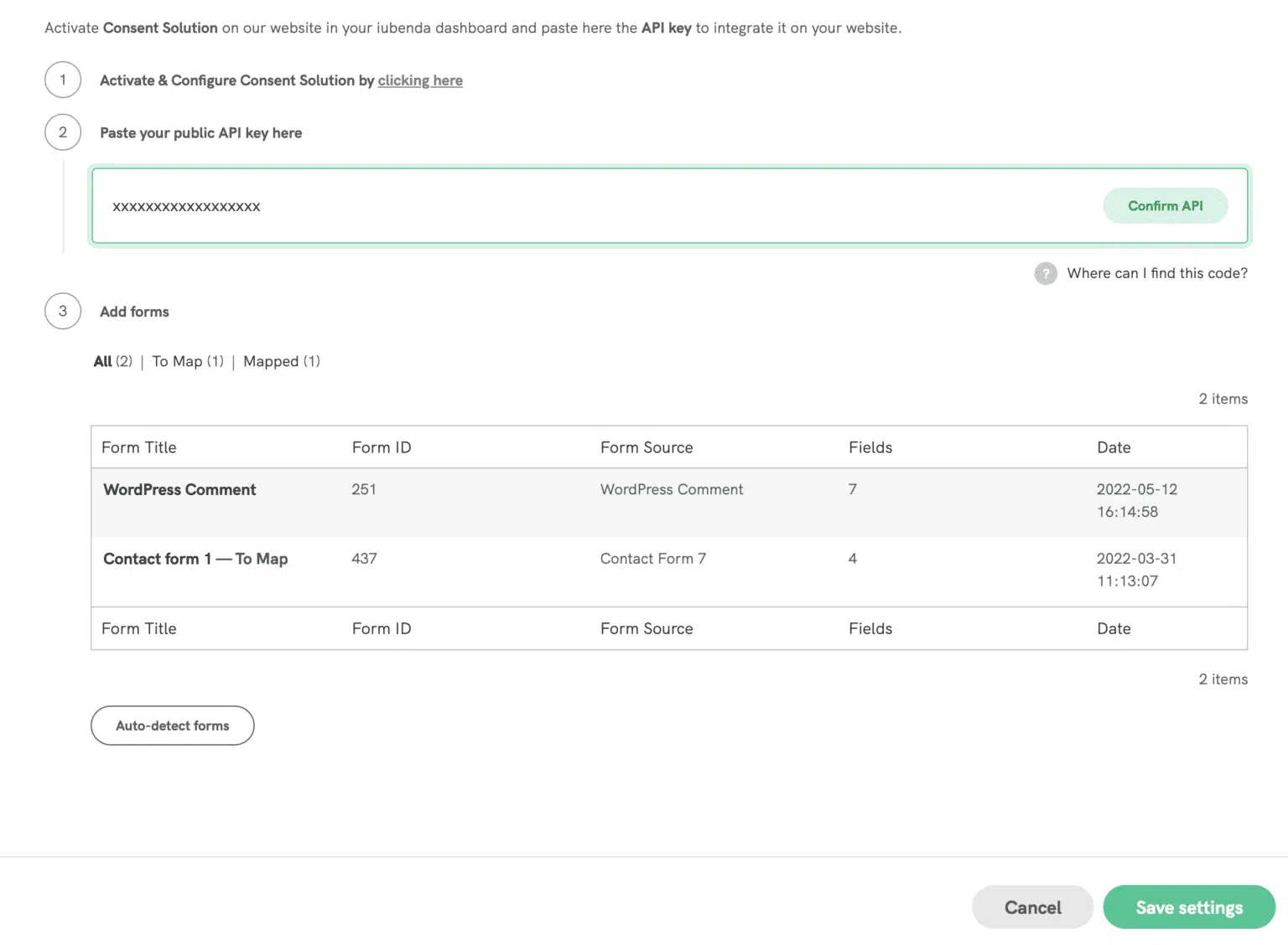 duda iubenda initial setup database api key