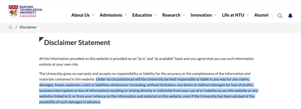 no responsibility disclaimer university of singapore