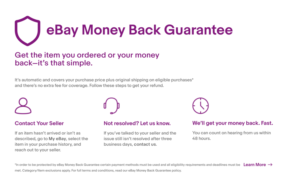example of money back guarantee + ebay
