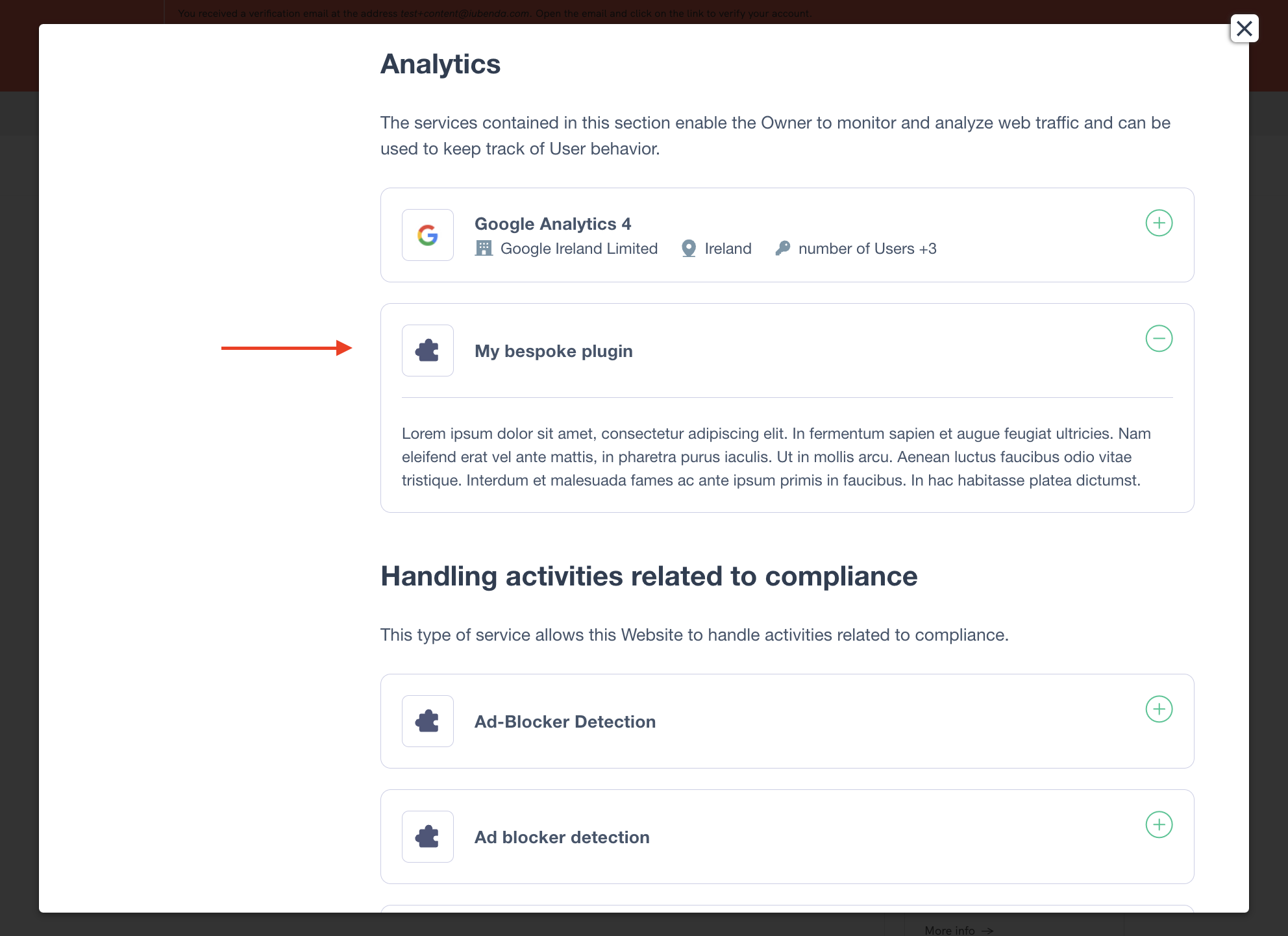Custom clause added to a purpose category in main privacy policy