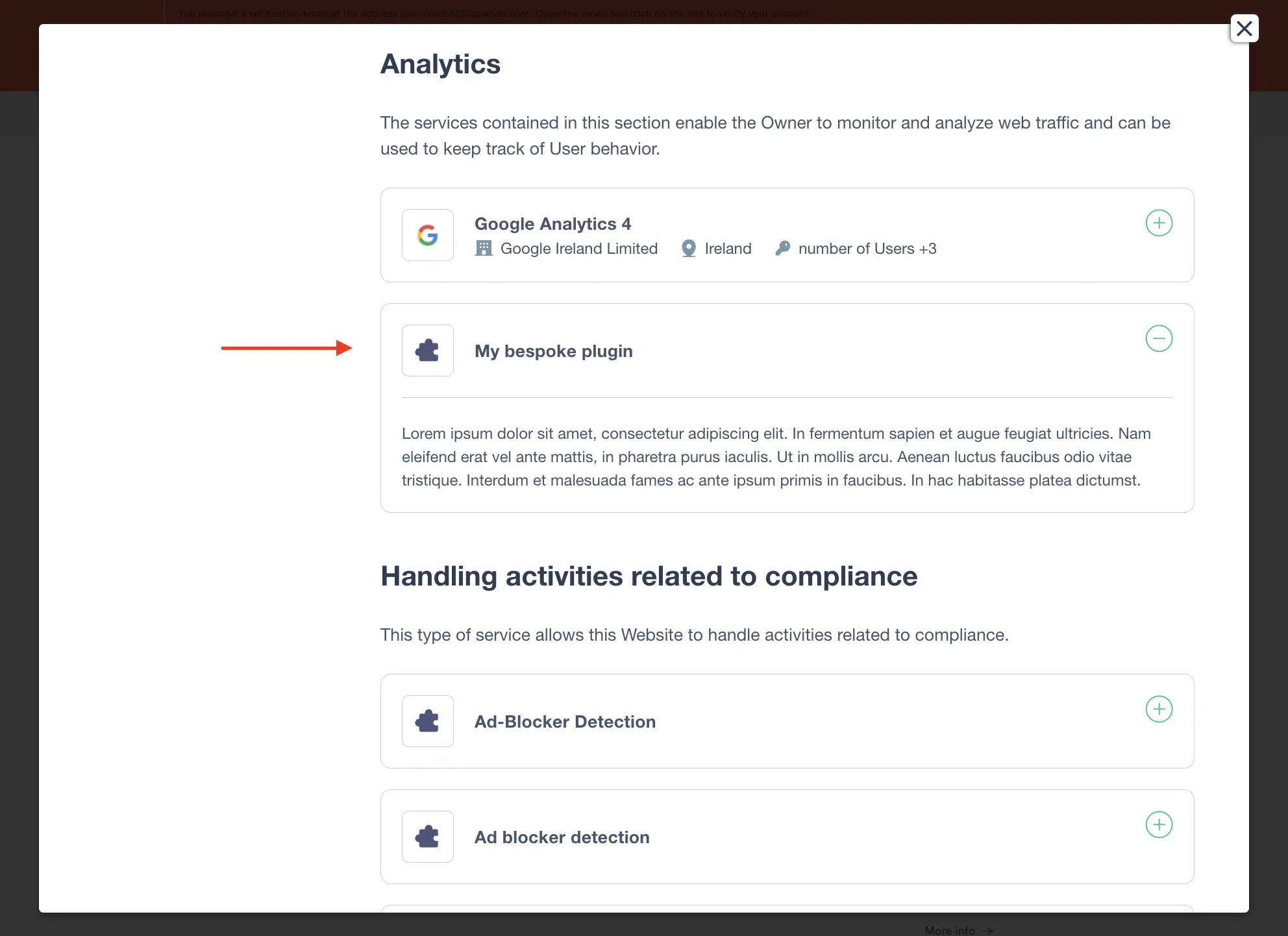 Custom clause added to a purpose category in main privacy policy