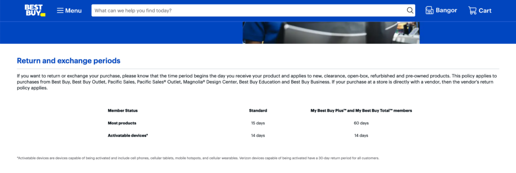 exchange policy example, best buy