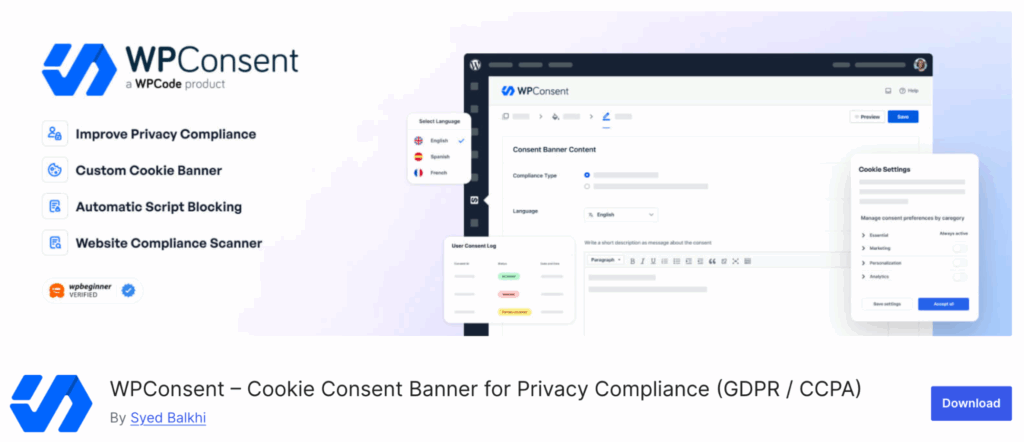 WP Cookie Consent WordPress plugin screenshot