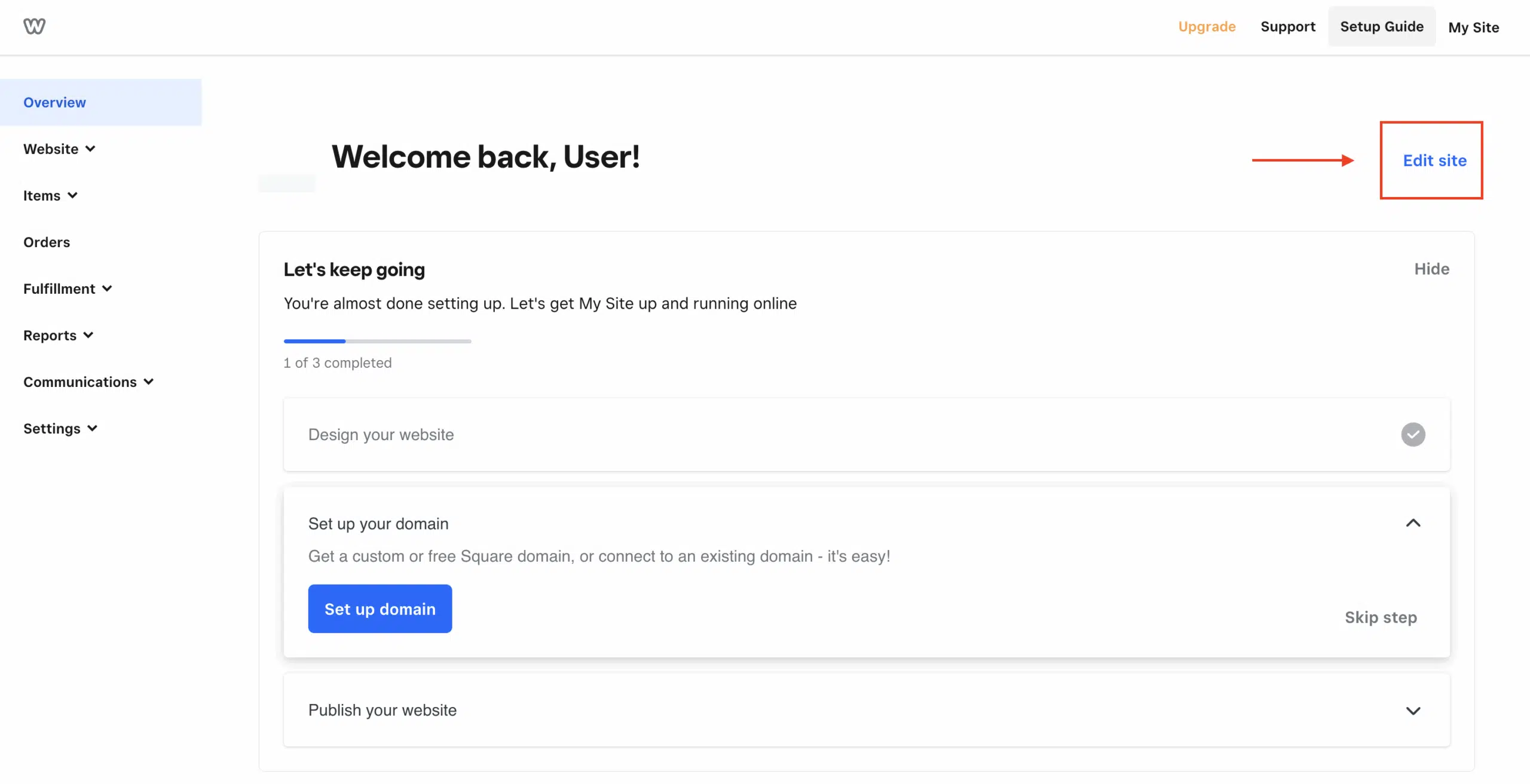 Weebly dashboard - Edit site
