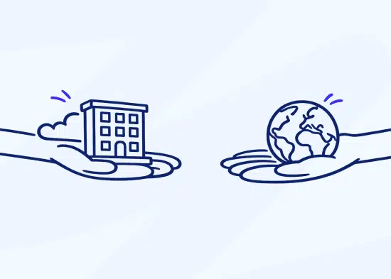 Illustration with 2 hands, holding the globe and a building
