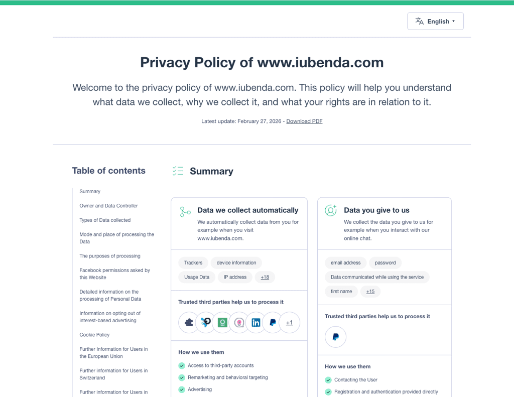 privacy policy generated with iubenda