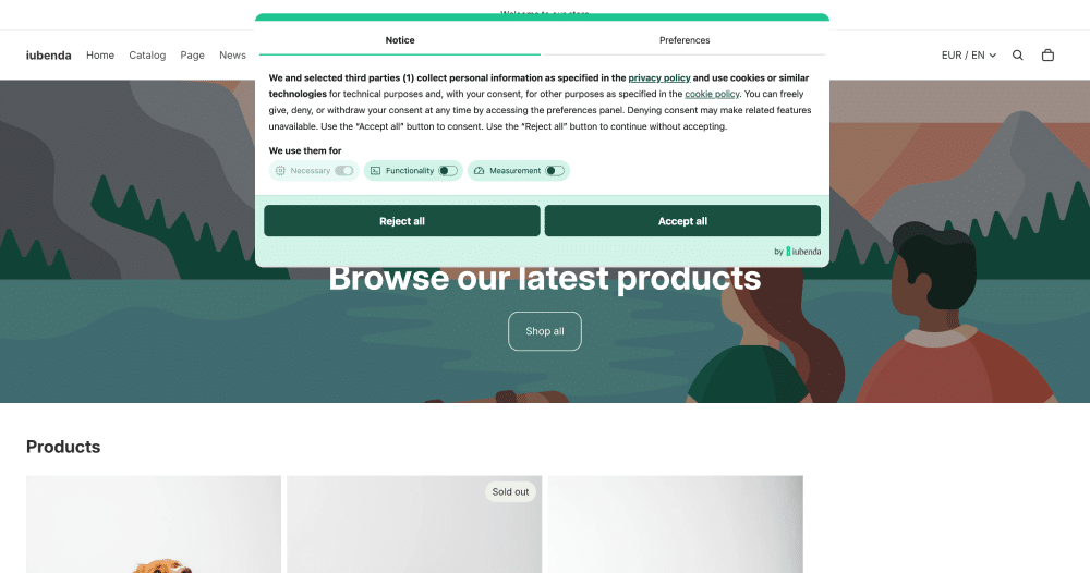 iubenda's cookie banner on a Webflow website